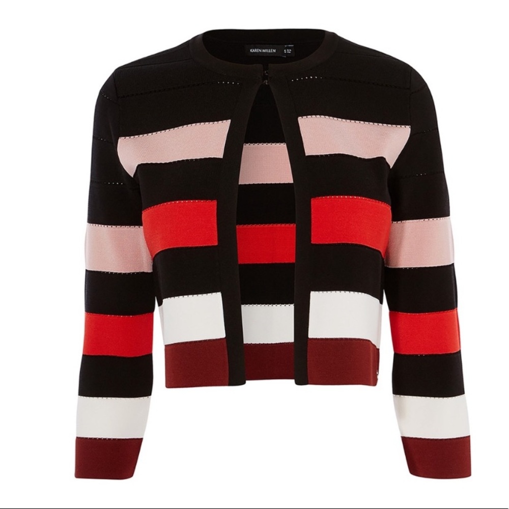 Karen Millen Black, Pink, Red & White Striped Cropped Cardigan